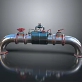 Industrial Silver Metal Pipes Fixture With Red Valves And Black Central Component