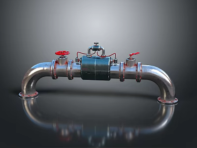 Industrial Silver Metal Pipes Fixture With Red Valves And Black Central Component 3d model