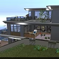 Modern Detached Villa Exterior Featuring Multiple Terraces Large Windows Greenery Lawn And Outdoor Seating