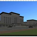 Modern Office Building With Glass Curtain Wall Surrounding Buildings Parking Lot And Green Lawn