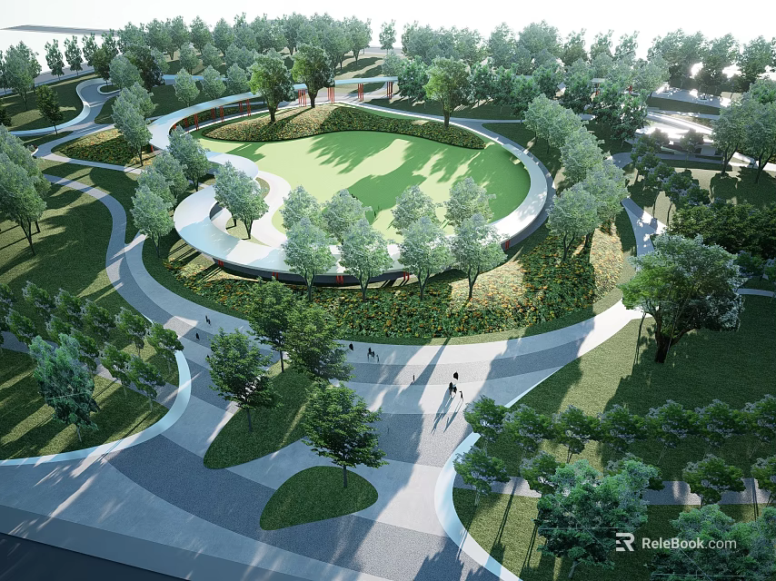 Scenic Park Landscape With Curved Pathways Green Lawn And Lush Trees 3d model 