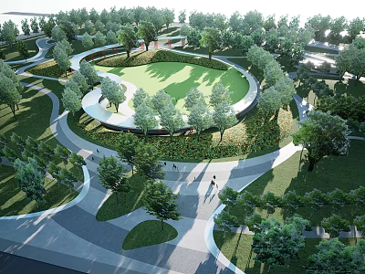 Scenic Park Landscape With Curved Pathways Green Lawn And Lush Trees 3d model