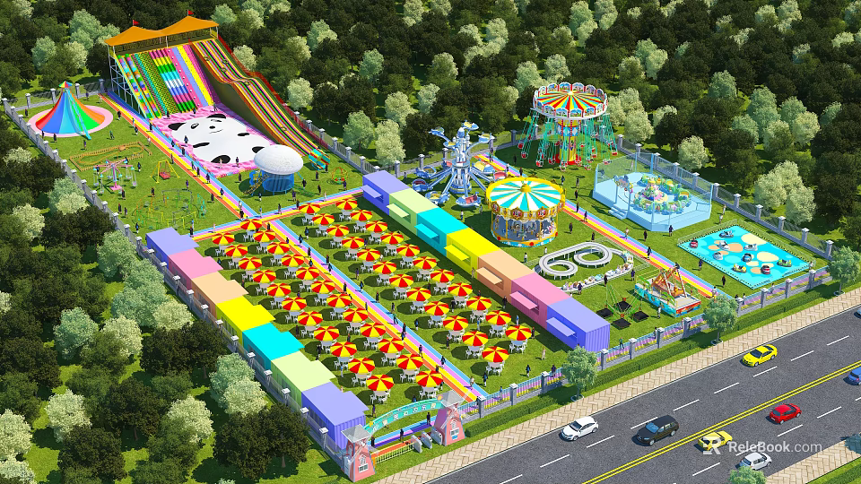 Colorful Amusement Park Featuring Slides Ferris Wheel Carousel Water Park Area And Parking Lot 3d model 