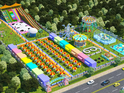 Colorful Amusement Park Featuring Slides Ferris Wheel Carousel Water Park Area And Parking Lot 3d model