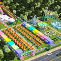 Colorful Amusement Park Featuring Slides Ferris Wheel Carousel Water Park Area And Parking Lot