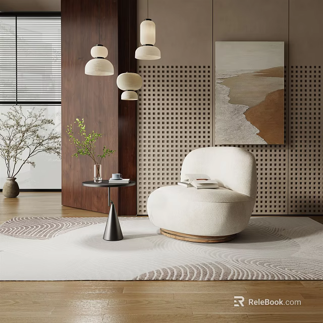 Modern Single Sofa With Round Base Side Table And Wall Art On Patterned Rug 3d model