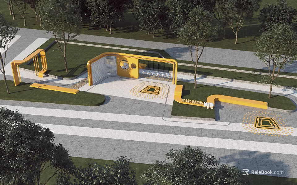Modern Commercial Landscape With Yellow Architectural Structure Trees Lawn And Geometric Paved Areas 3d model 