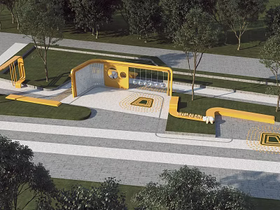 Modern Commercial Landscape With Yellow Architectural Structure Trees Lawn And Geometric Paved Areas 3d model