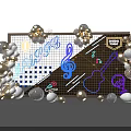 Elegant Music Theme Party Decor With Silver Balloons Grid Backdrop And Guitar Notes Design 3d model