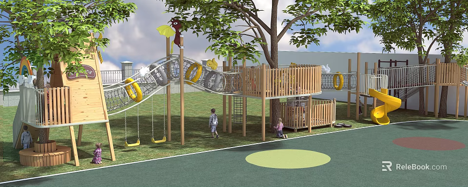 Outdoor Children's Playground With Wooden Climbing Frame Yellow Rings Swings Green Grass Lawn And Tree Shade 3d model 