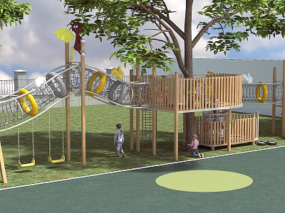 Outdoor Children's Playground With Wooden Climbing Frame Yellow Rings Swings Green Grass Lawn And Tree Shade 3d model