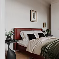 Modern Bedroom Interior With Red Headboard Bed White Wardrobe Gray Curtains And Red White Rug