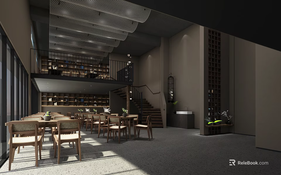 Two Story Restaurant Interior With Wooden Bookshelves Dining Tables And Natural Light 3d model 