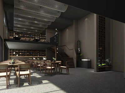Two Story Restaurant Interior With Wooden Bookshelves Dining Tables And Natural Light 3d model