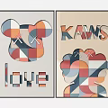 Colorful Geometric Wall Art With Bear Head KAWS Text And X Eyes Design