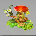 Vibrant Plant Display With Red Mushroom White Daisies Green Leaves Acorns Clover And Grassy Base