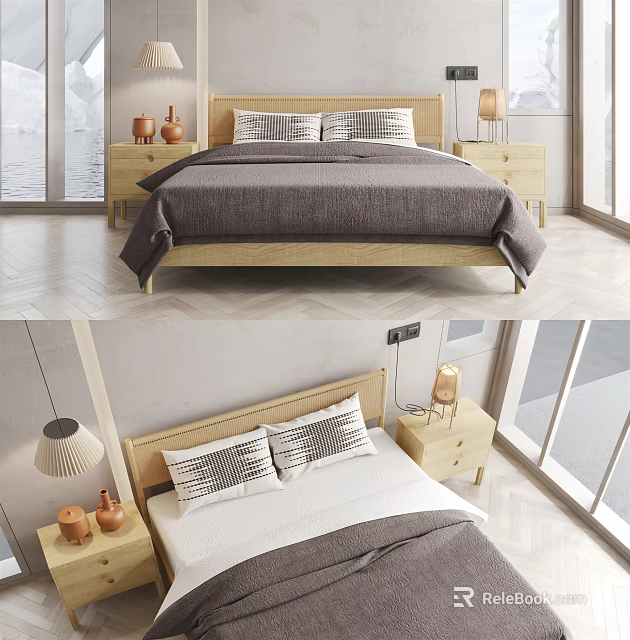 Modern Double Bed With Bedside Tables Table Lamps And Decorative Pillows 3d model