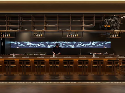Traditional Sushi Restaurant Interior With Chef Preparing Dishes At Wooden Bar Counter And Bar Stools 3d model