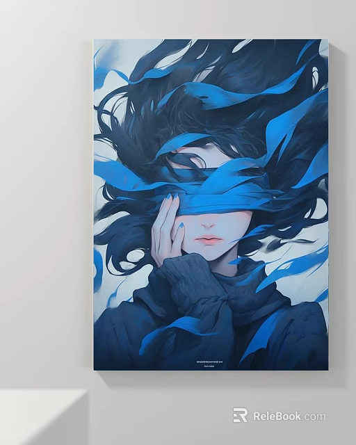 Portrait of Woman with Black Hair Blue Ribbons Covering Eyes Hand on Cheek Dark Clothing 3d model 