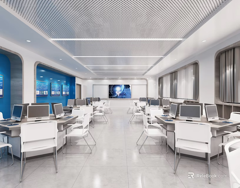 Modern School Computer Lab With White Desks Computers Large Screen And Blue Walls 3d model 