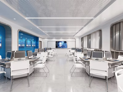 Modern School Computer Lab With White Desks Computers Large Screen And Blue Walls 3d model