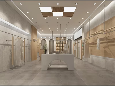 Modern Clothing Store Interior With Wooden Racks Display Area And Cashier Counter 3d model