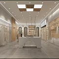 Modern Clothing Store Interior With Wooden Racks Display Area And Cashier Counter