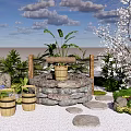 Traditional Japanese Karesansui Garden With Stone Lantern Bamboo Buckets And Cherry Blossom Tree