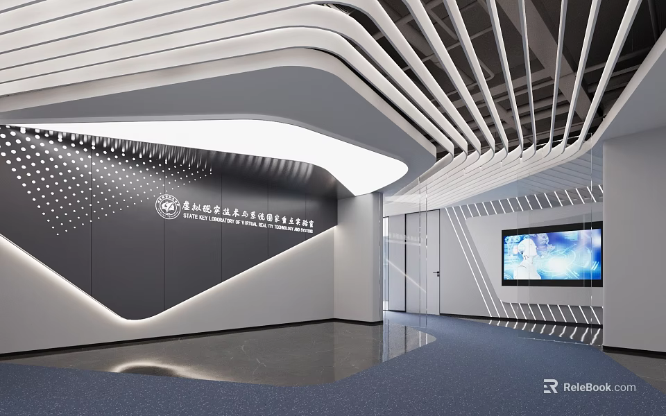 Modern Corporate Lobby Interior With Company Logo Wall Unique Ceiling Design And Digital Screen 3d model 