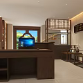 Traditional Chinese Tea House Lobby With Wooden Decor Reception Desk And Lanterns