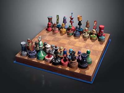Colorful Decorative Chessboard With Diverse Shaped Pieces On Wooden Board 3d model