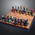Colorful Decorative Chessboard With Diverse Shaped Pieces On Wooden Board