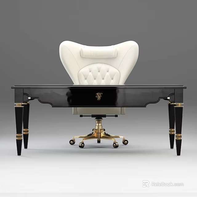 Luxury Black Office Desk With Gold Accents And White Leather Chair 3d model 