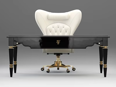 Luxury Black Office Desk With Gold Accents And White Leather Chair 3d model