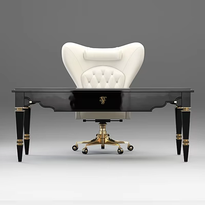 Luxury Black Office Desk With Gold Accents And White Leather Chair 3d model