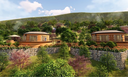 Round Rammed Earth Hotel Outdoor Hot Spring Mountain Landscape Moganshan 3d model