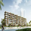 Modern Townhouses Exterior With Balconies Palm Trees Lush Greenery And Urban Setting