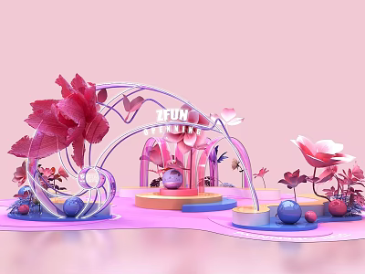 Pink Themed Decorative Scene With Zfun Sign Flower Arch And Blue Balls 3d model