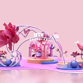 Pink Themed Decorative Scene With Zfun Sign Flower Arch And Blue Balls