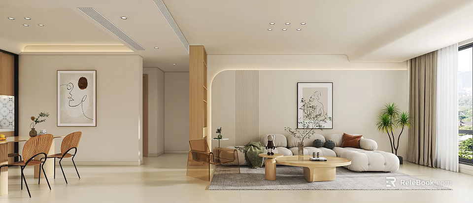 Modern Living Dining Room Interior With Sofa Coffee Table Decorative Painting And Lighting 3d model 