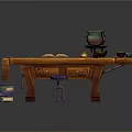 Traditional Wooden Writing Desk Featuring Open Book Green Jar and Purple Stool