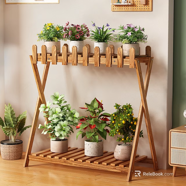 Two Tier Wooden Flower Stand with Potted Flowers and Green Plants for Indoor Home Decoration 3d model 
