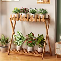 Two Tier Wooden Flower Stand with Potted Flowers and Green Plants for Indoor Home Decoration