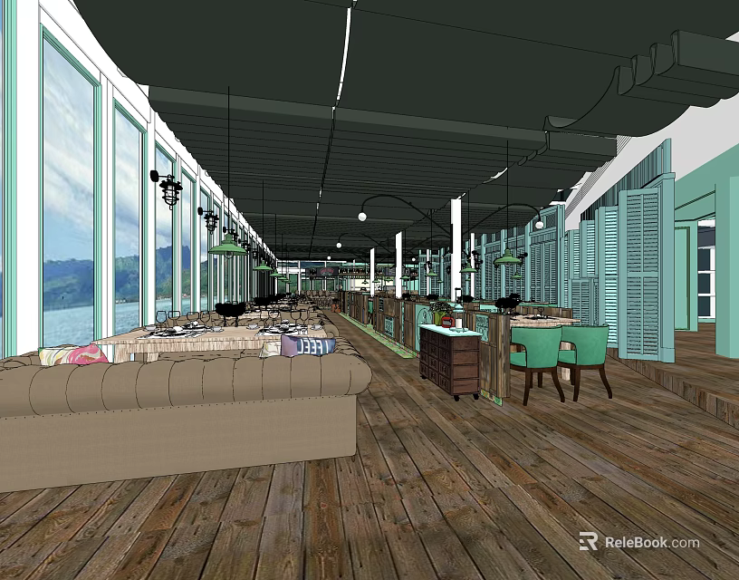 Charming Restaurant Interior Featuring Wooden Floors Large Windows Green Shutters And Mountain Views 3d model 