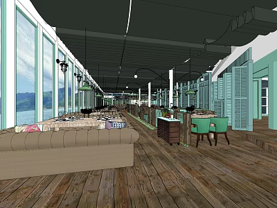 Charming Restaurant Interior Featuring Wooden Floors Large Windows Green Shutters And Mountain Views 3d model