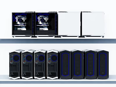 Modern Computer Cases With Transparent Side Panels And Multiple Black White Units Displayed On Shelves 3d model