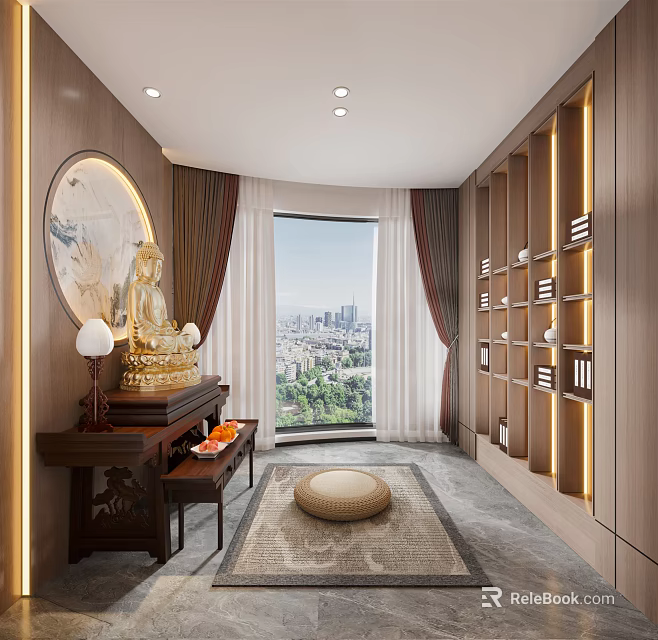 Buddhist Spiritual Interior With Golden Buddha Statue Altar Table Bookshelves And City View Through Window 3d model 
