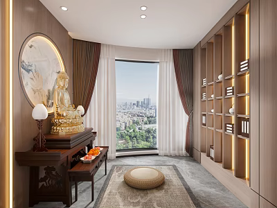 Buddhist Spiritual Interior With Golden Buddha Statue Altar Table Bookshelves And City View Through Window 3d model