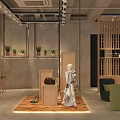 Qipao Themed Clothing Store Interior Featuring Mannequins Wooden Tables Ceiling Lights And Lotus Pattern Floor