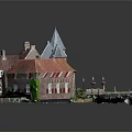 Detached Villa with Red Gray Roofs Towers Bridge Pathway and Greenery